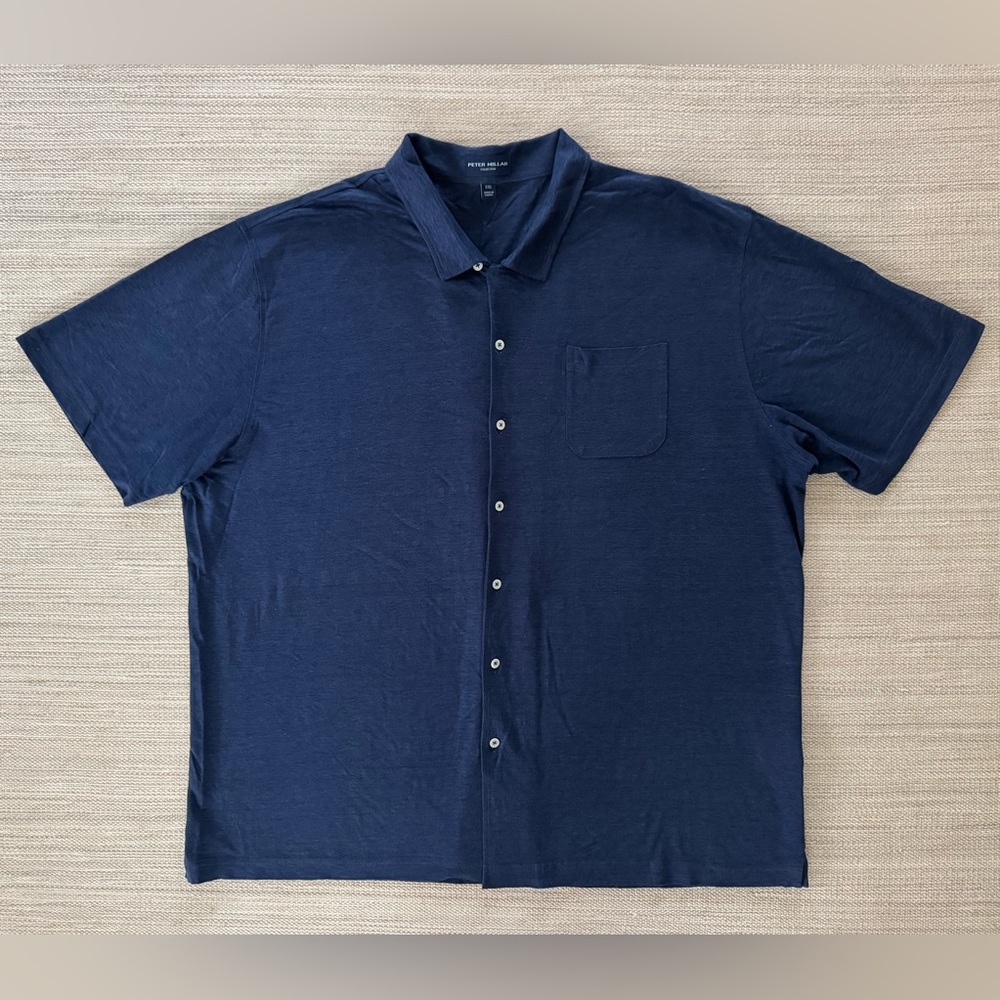 Peter‎ Millar navy blue 100% linen short sleeve button up shirt men’s XXL